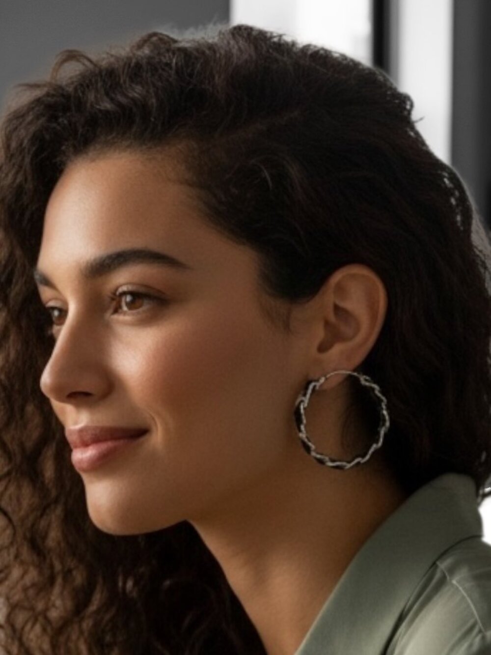 Bold Black (faux maybe } Leather & Silver Tone Twisted Chain-Link Hoop Earrings